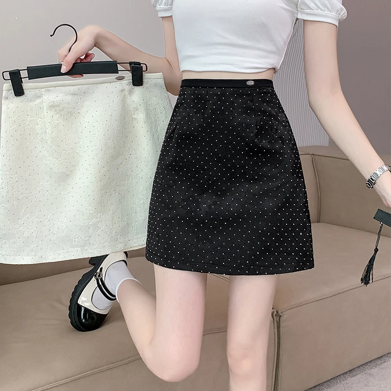 Hot Drilling Pleated Mini Skirts Women High Waisted Plain A Line Skirt Hottie Streetwear Slim Casual Skinny Wrap Hip Skirts