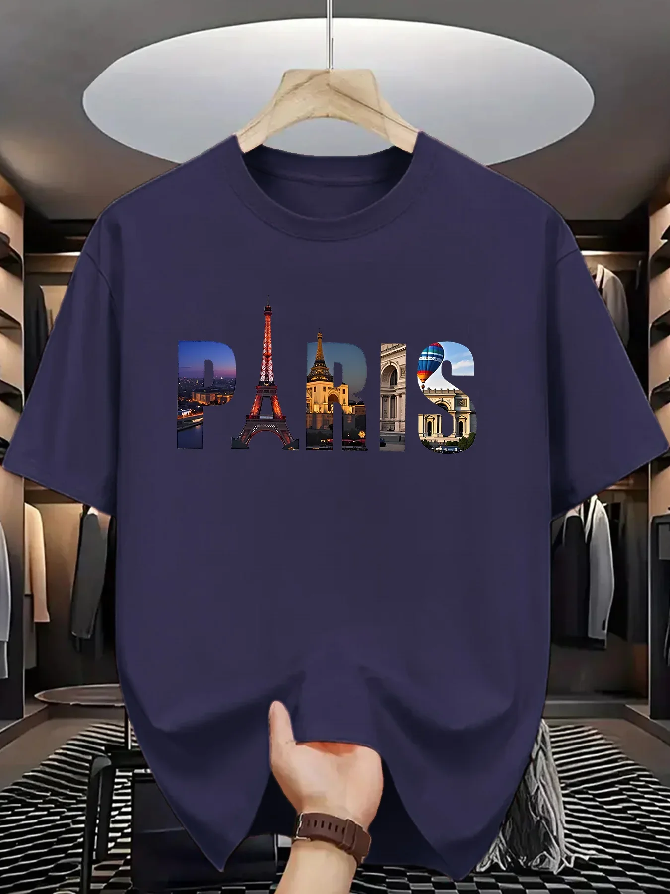 Paris Cityscape Photo Fill Letter Print on Premium Soft 100% Cotton Mens T shirt Perfect for Summer Casual Urban Style