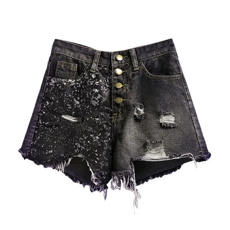 Summer Sequin Denim Shorts Women\'s High Waist Large Size Hole Fashion Patchwork Shorts Girls High Street A-line Hot Pants