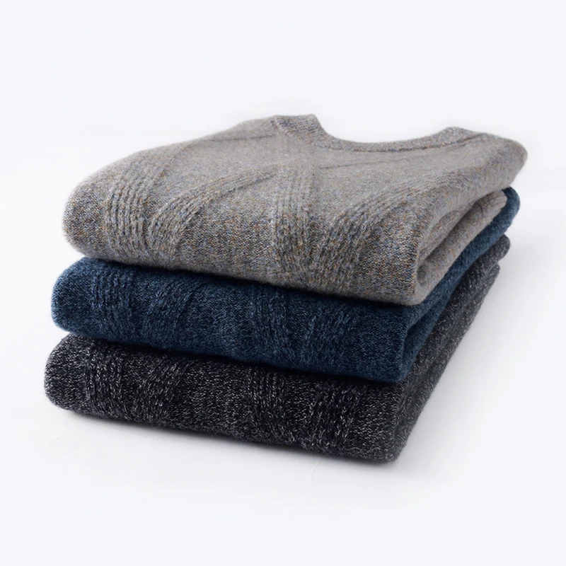 2025 Autumn And Winter New Men's 100% Pure Wool Loose Jacquard Round Neck Sweater Solid Color Knitted Fashion Casual Knitted Top