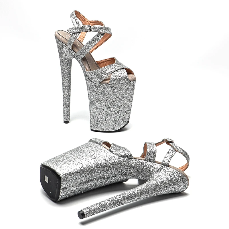 Leecabe 23CM / 9inches  Silver Glitter  fashion  Platform High Heels Sandals Pole Dance shoes