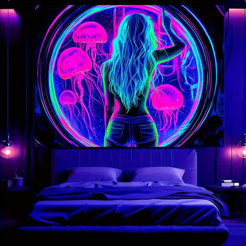 VIKAMA Cyberpunk Jellyfish Girl Tapestry Boys' Dormitory Gaming Room Art Wall Hanging Bedroom Bar Backdrop Home Decor