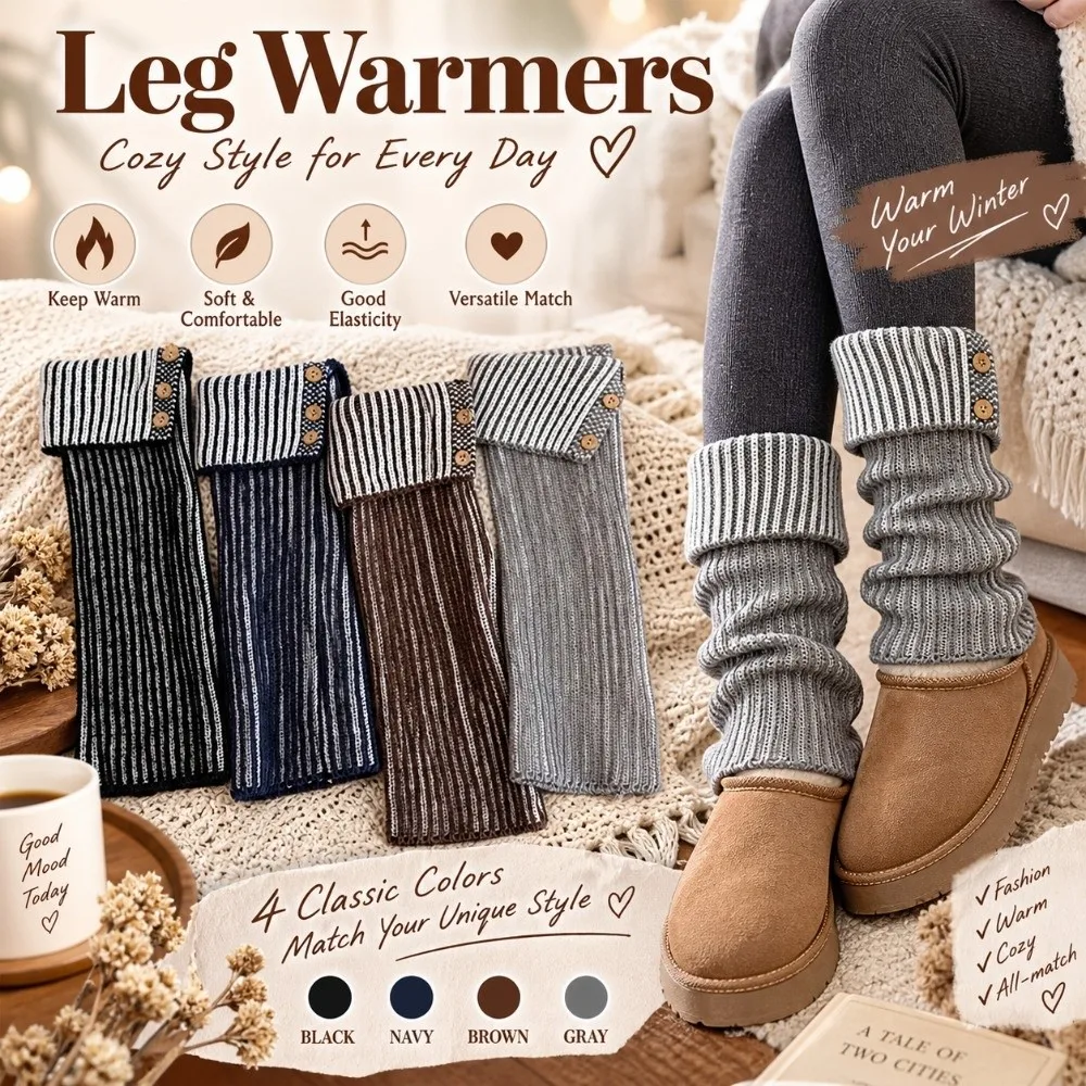 1 Pairr Cotton Blend Leg Warmer Thickened Knit Fold-Over Cuff Cuffed Leg Warmer Vertical Striped Decorative Button