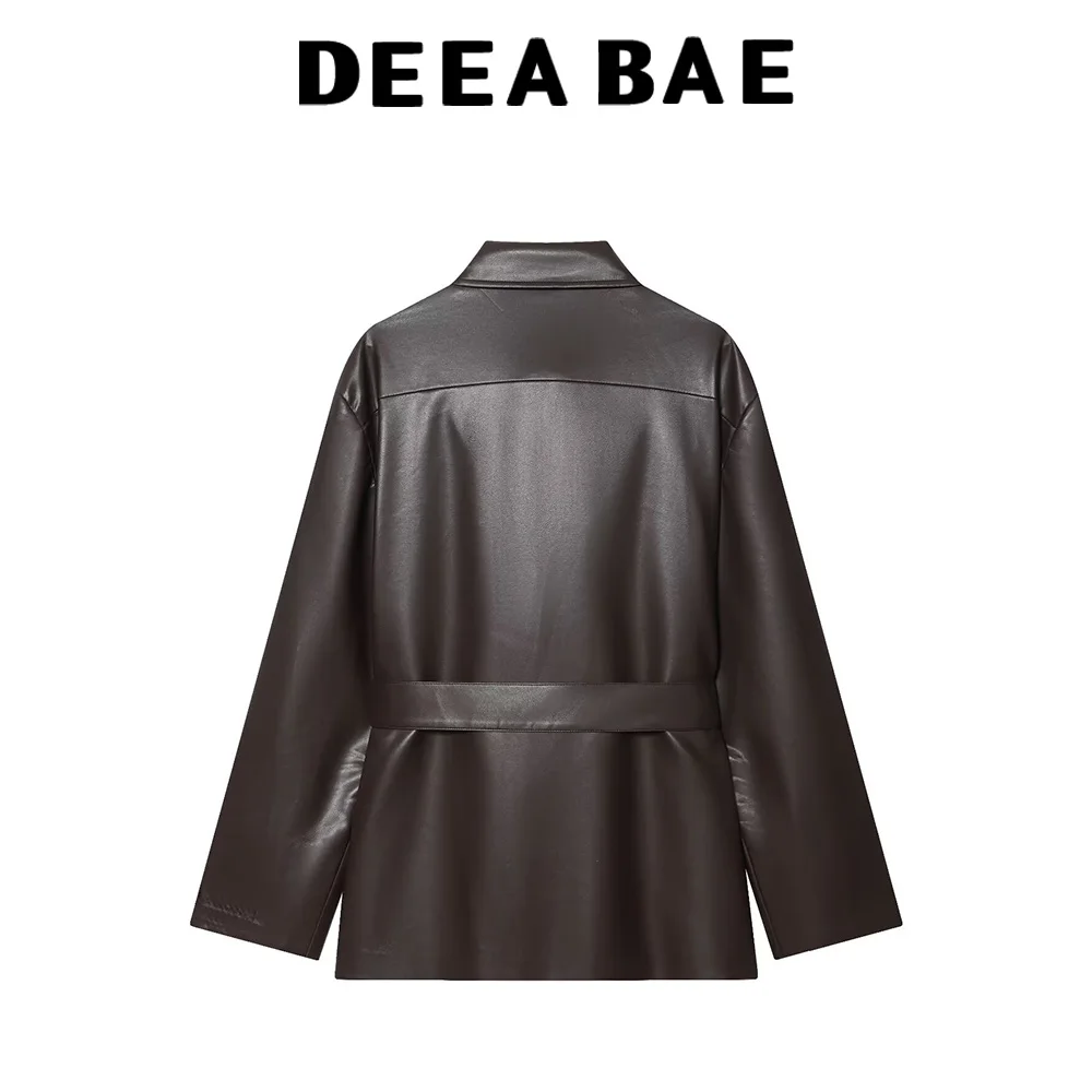 منتج شتوي جديد على الطراز الأوروبي والأمريكي من DEEABAE بياقة نسائية وأكمام طويلة مع حزام سترة جلدية مقلدة #2