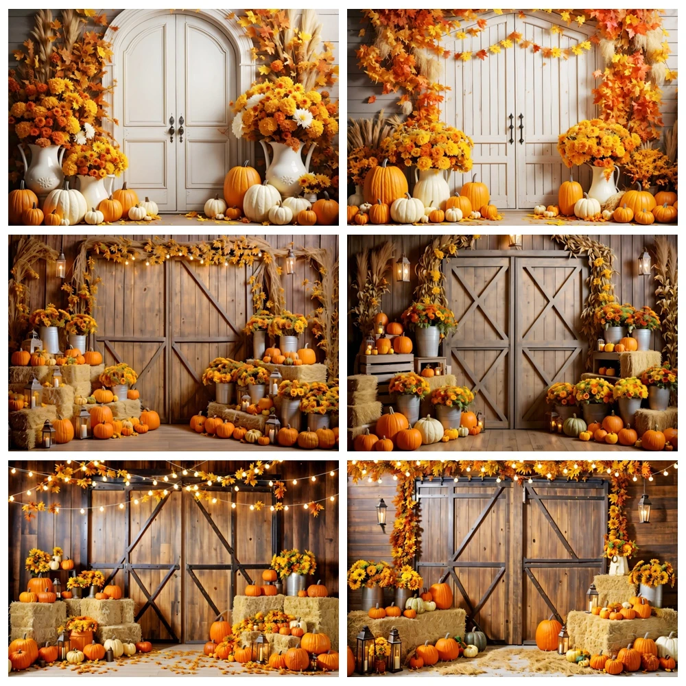 

Autumn Barn Backdrop for Photography Farm Wooden Door Fall Pumpkin Maple Leave Thanksgiving Party Baby Portrait Photo Background