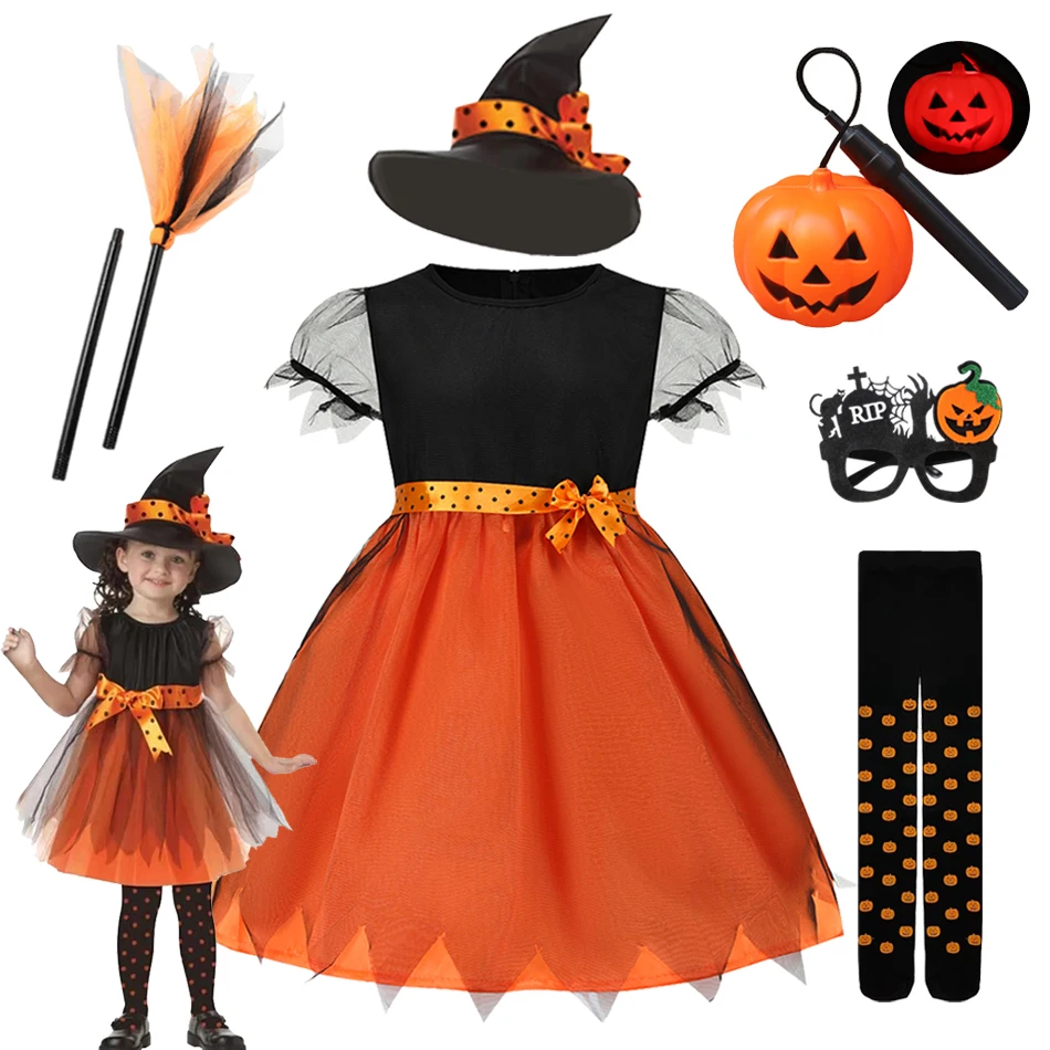 

Girls Halloween Pumpkin Costume Dress With Hat Bag Pantyhose Children Carnival Party Dress Up Kids Cosplay Clothes