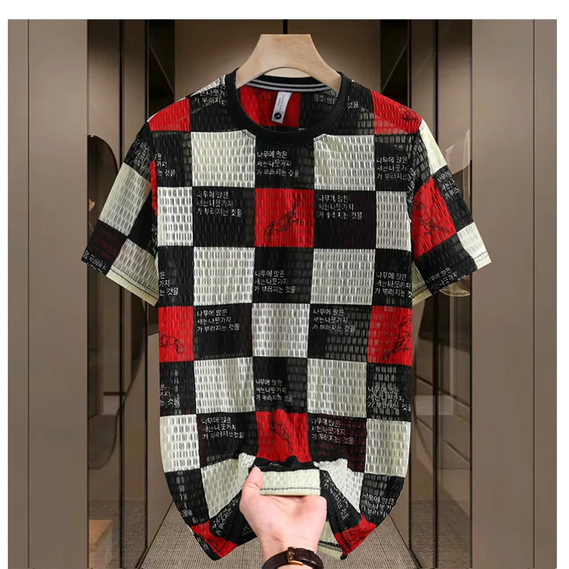 Summer New Men Short Sleeve T-shirt Korean Youth Contrast Print Plaid Stripe Patchwork O Neck Loose Casual Versatile Thin Top