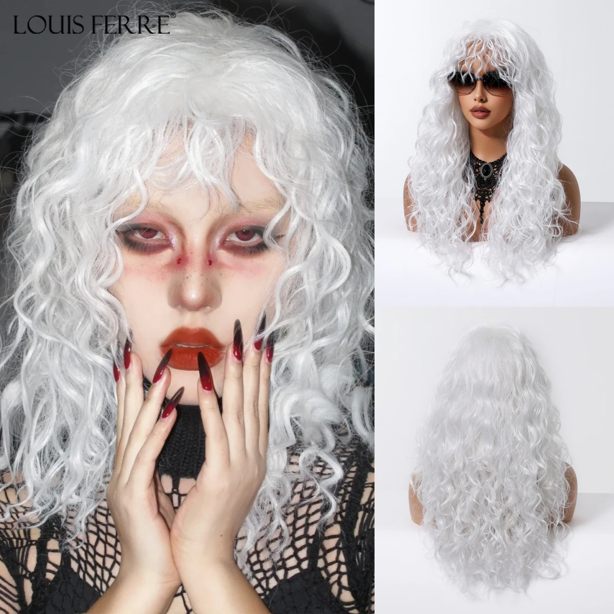 LOUIS FERRE Silvery White Curly Wigs With Bangs For Women Halloween Cosplay Use Heat Resistant Lolita Party Synthetic Hair Wigs