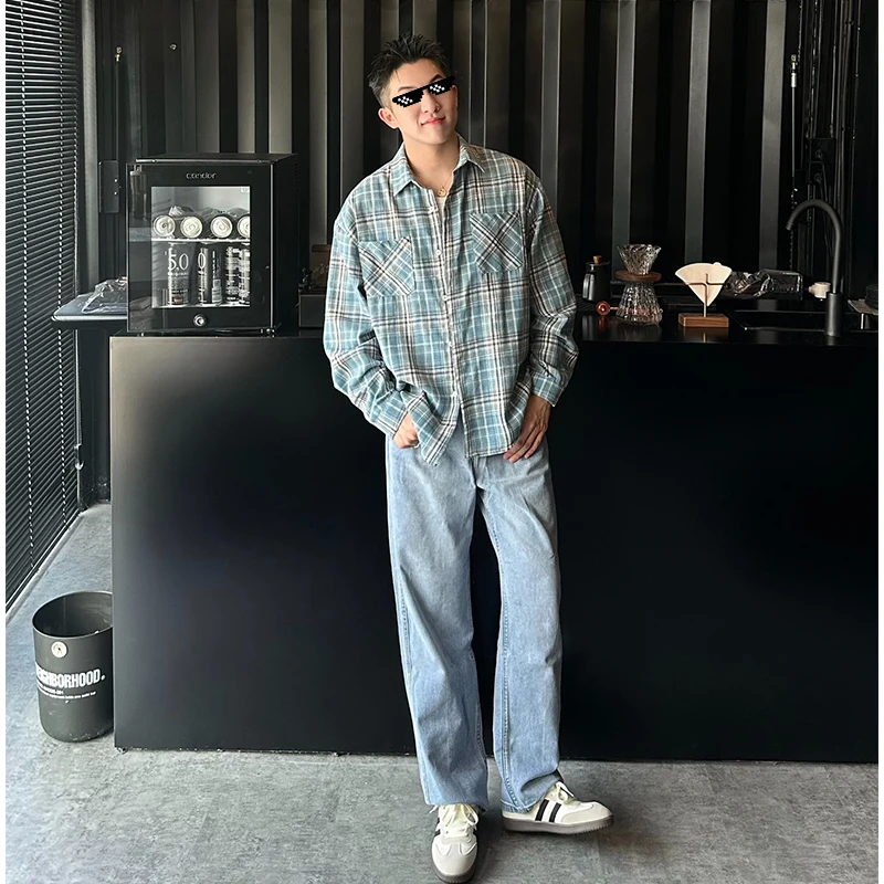 

Light Blue Straight Leg Jeans Loose Fit American Vibe Teenage Men's Cleanfit Trousers Autumn Spring Faion Straight Tube Jeans