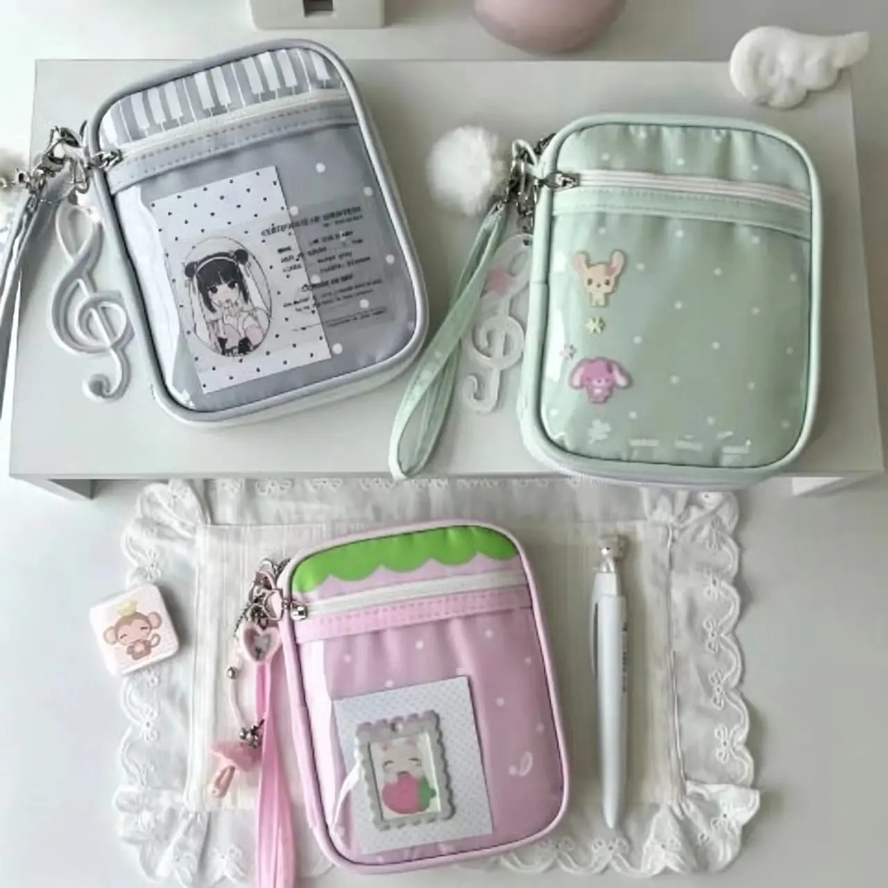 Kawaii Pen Case Soft Crossbody Bag Clear Transparent Window Pouch for Anime Pins Photocards Display Storage Handbag Card Holder