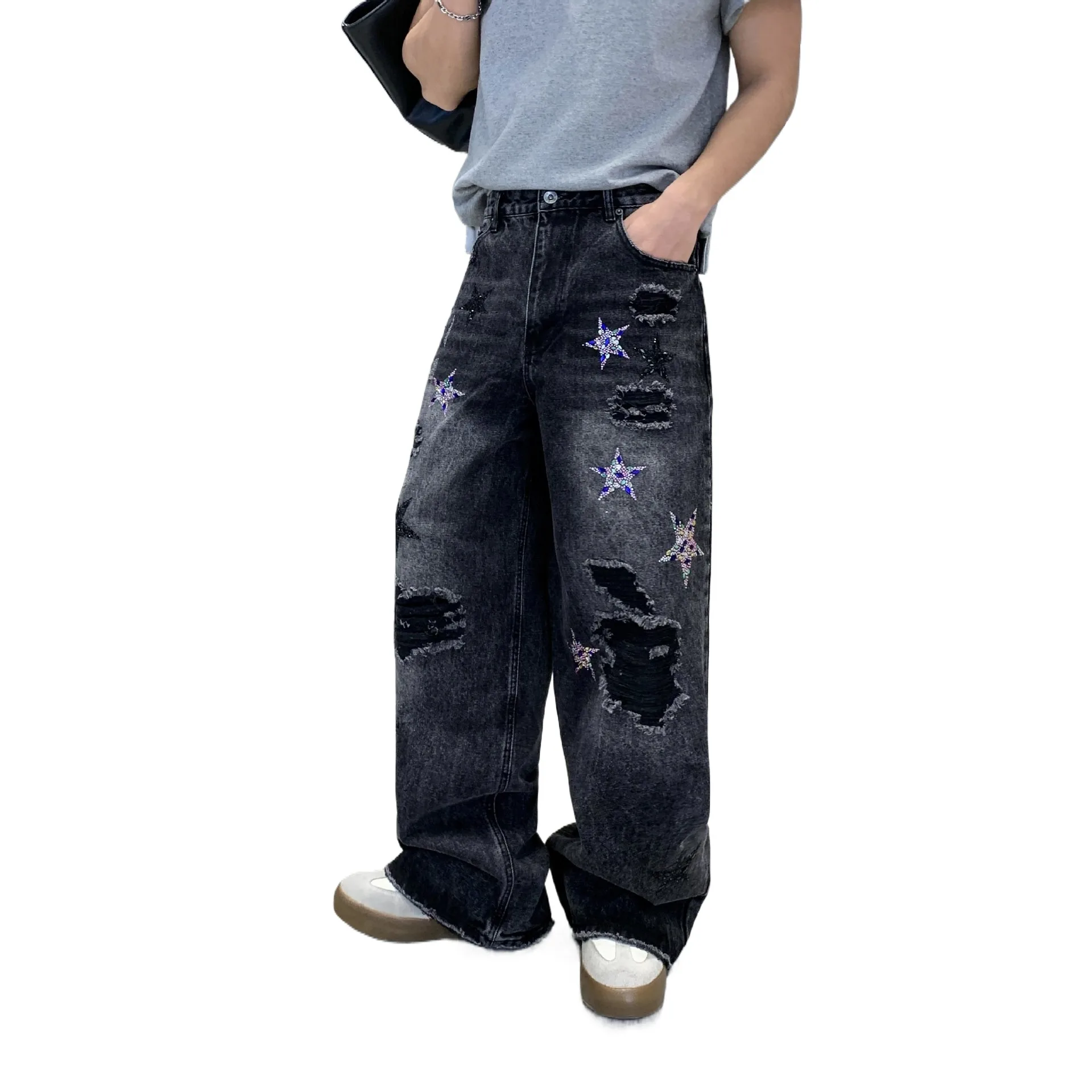 

Мужские свободные джинсы оверсайз в стиле хип-хоп с дырками, звездами и жемчугом, модные джинсовые брюки Y2K, рваные джинсы с эффектом потертости