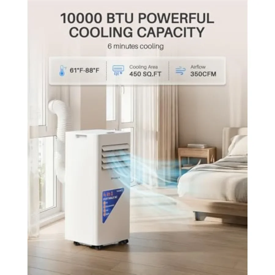 Portable air conditioner for bedroom use, aluminum housing, white color, 10000 BTU cooling capacity with 4-in-1 functionality a