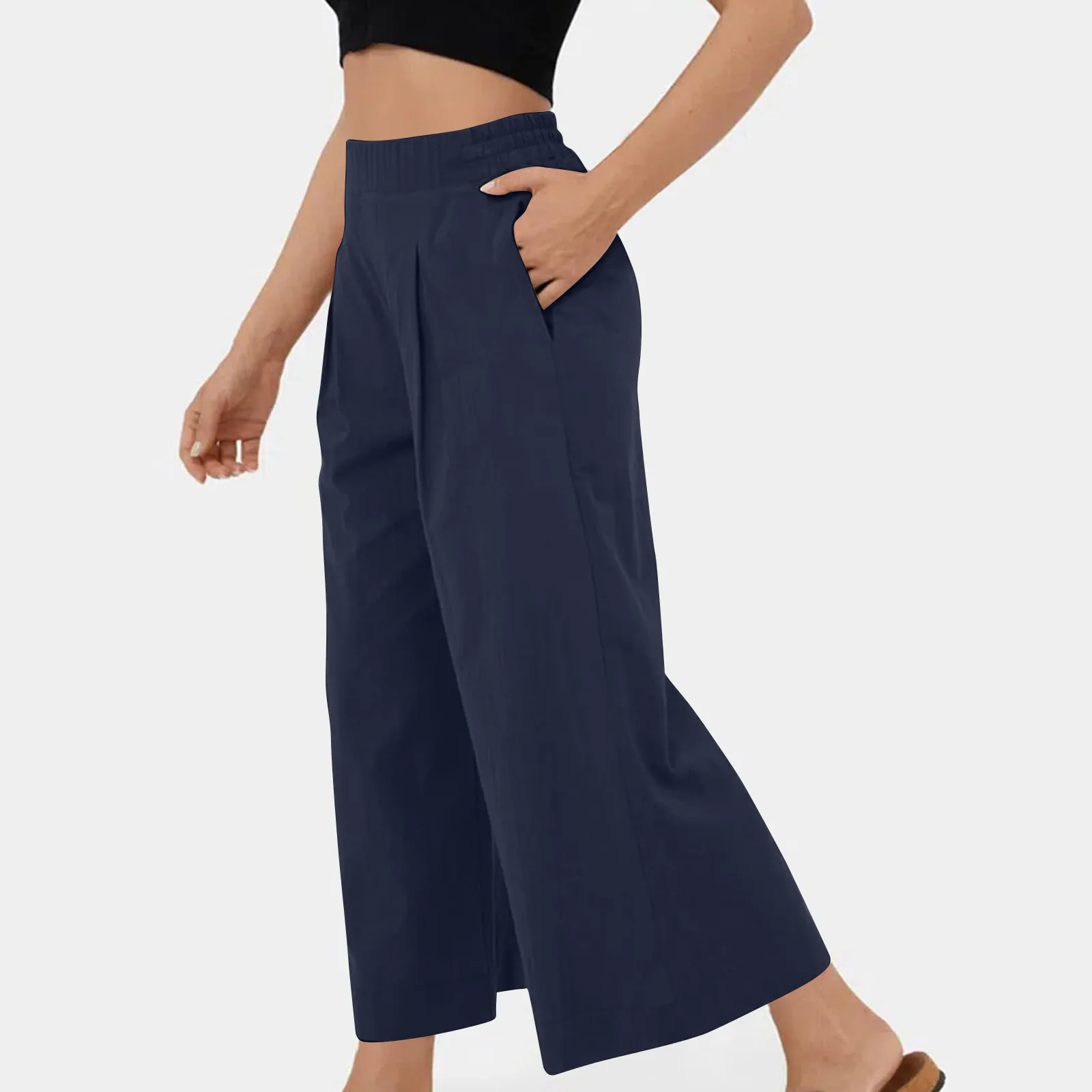 

Women's Loose Solid Color Comfortable Fashion Casual Pants Nine Point Pants Wide Leg Solid Trendy Yoga Sports Beach Women's Pant