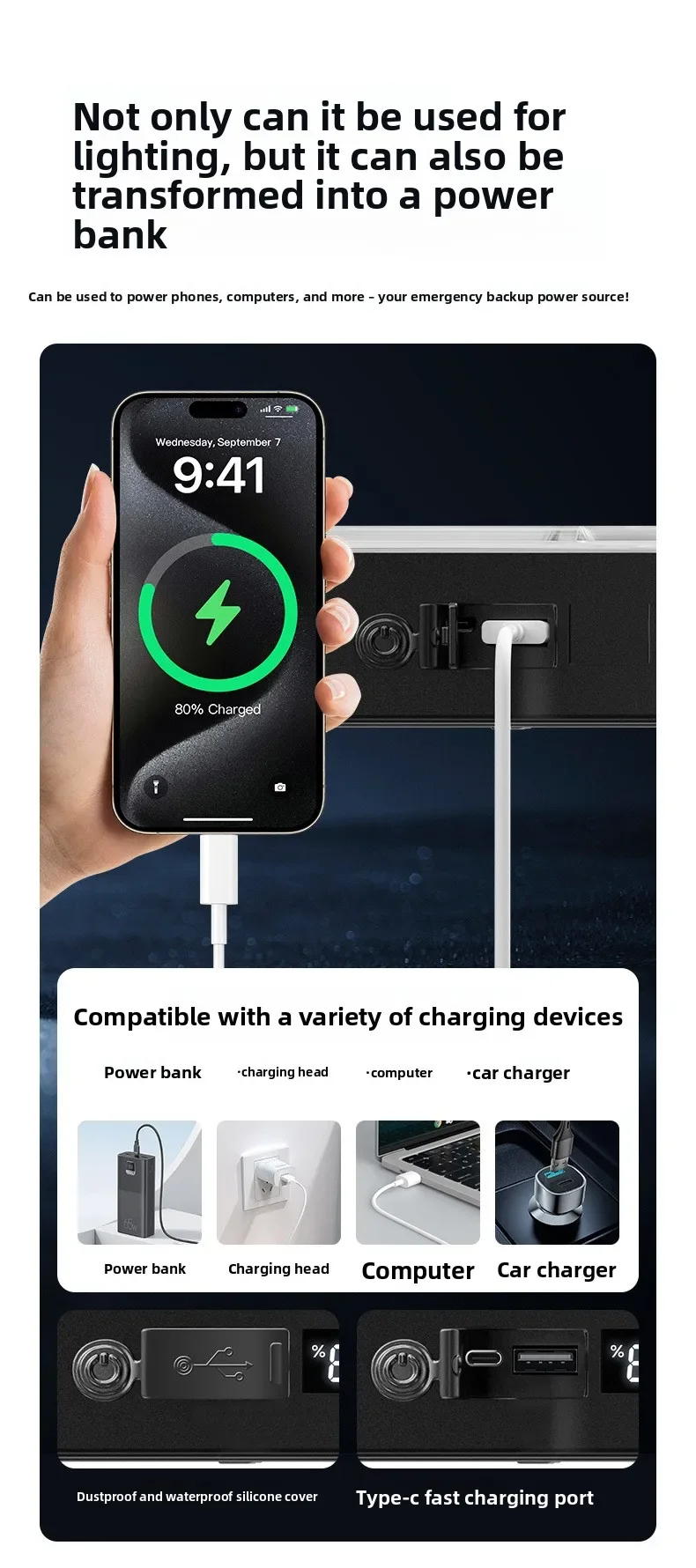 High Power Magnetic LED Light Bar 2026 New Portable USB Rechargeable Work Light 3 Modes IP66 Waterproof Emergency Power Bank