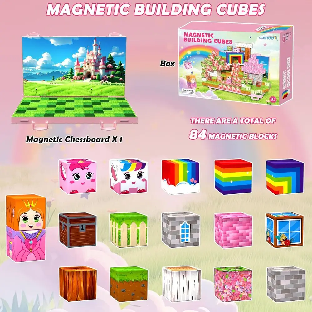 3D Magnetic Building Set with Princess Tiles, Foldable Board, STEM Toy for Ages 3-10