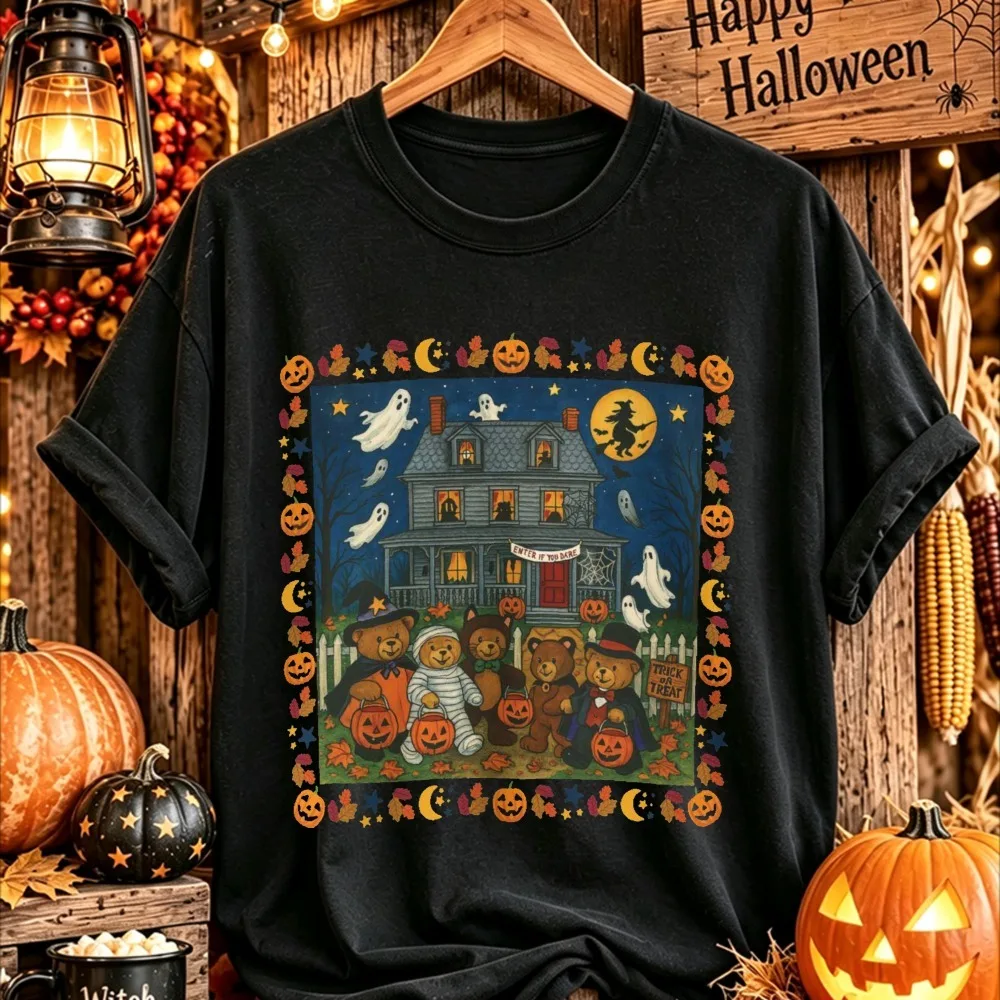 Bears Haunted House Graphic Women T-Shirt Cotton Short Sleeve Oversized Loose Tee Tops Halloween Spooky Vintage Shirts for Women