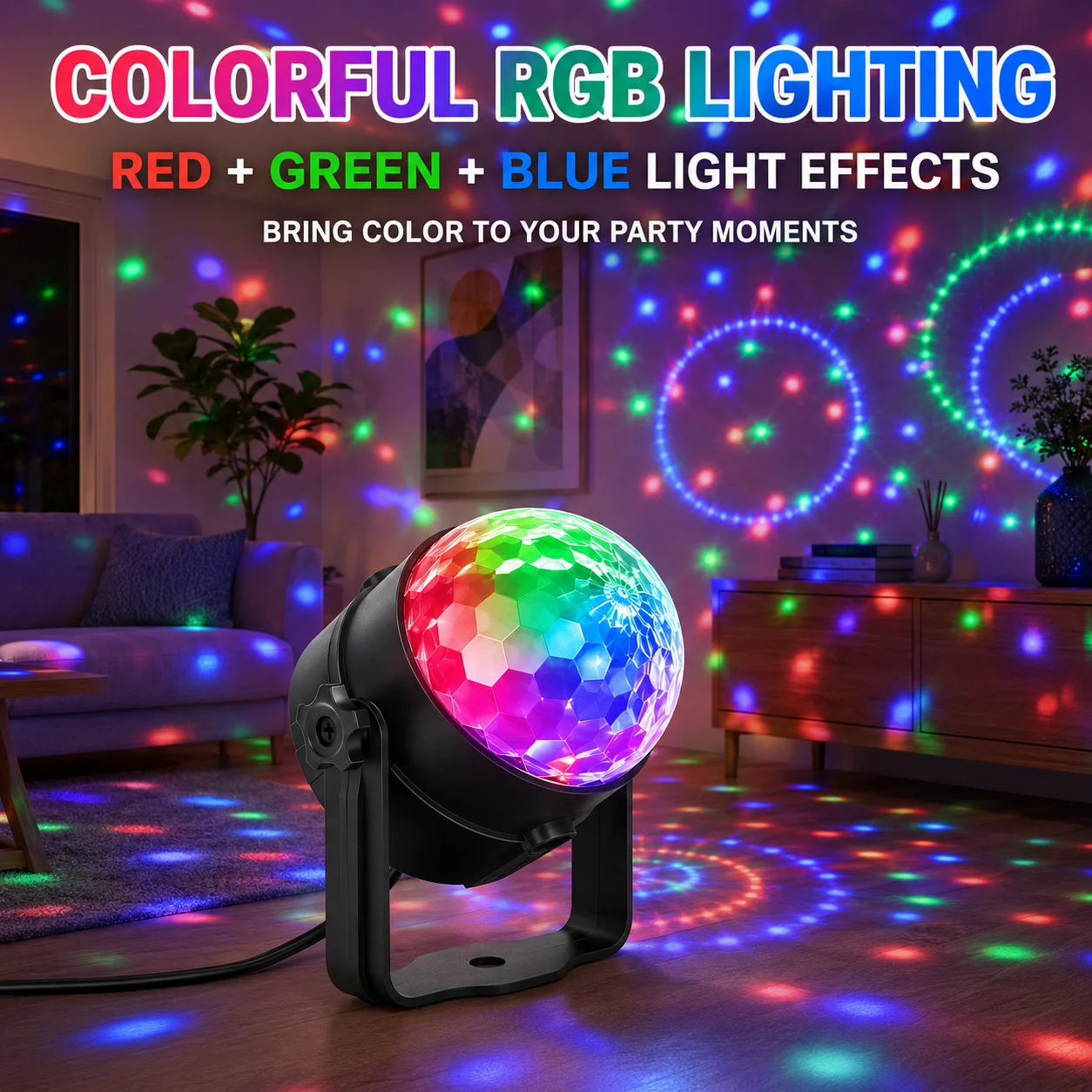 RGB LED Party Light with Remote Control, Sound Activated USB-C Disco Lamp with Auto Flash Modes for Birthday Home Karaoke Party