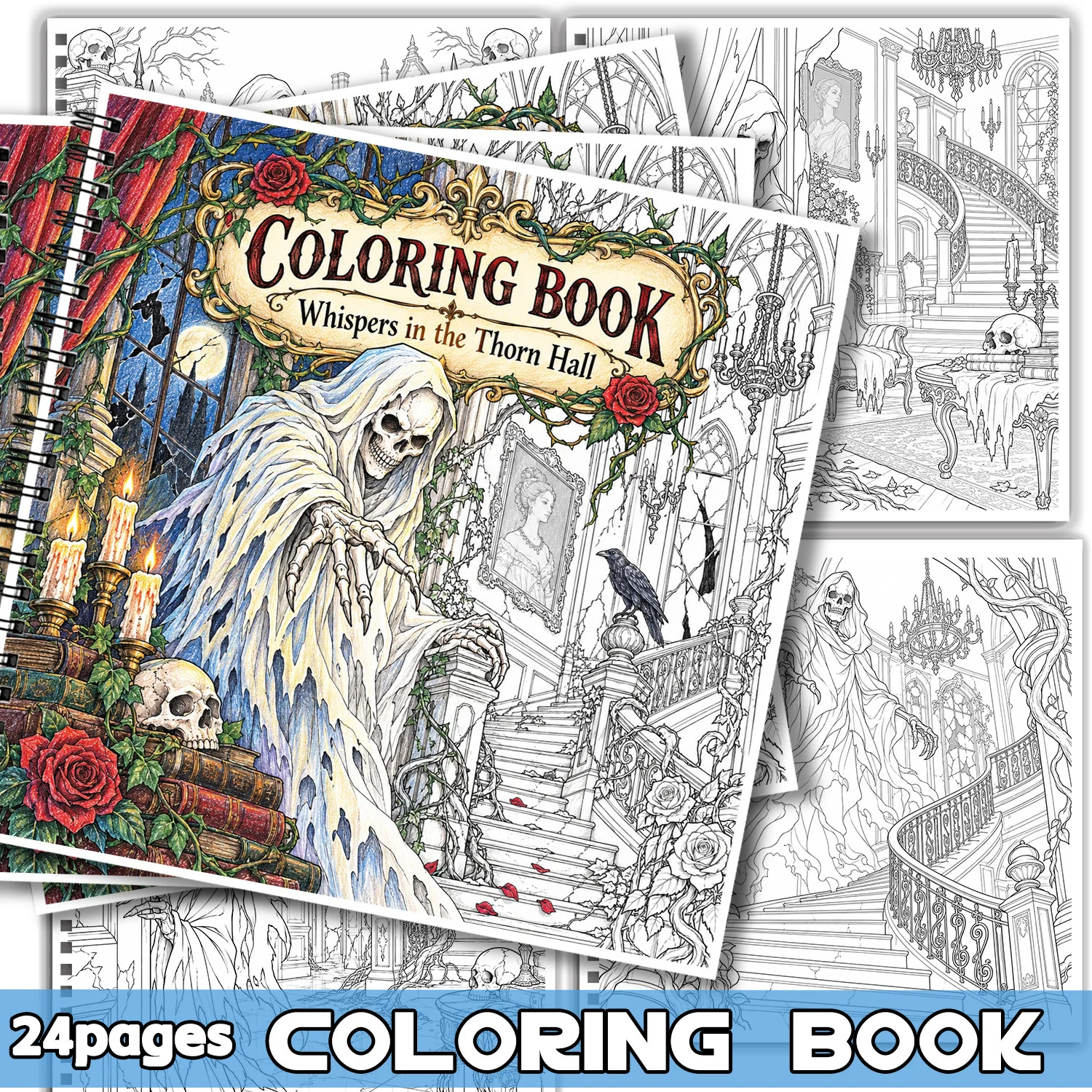 Spiral Coloring Book Gothic Horror Design, Thanksgiving Christmas Gift For Adults Teens, Showcasing Creativity Relieving Stress