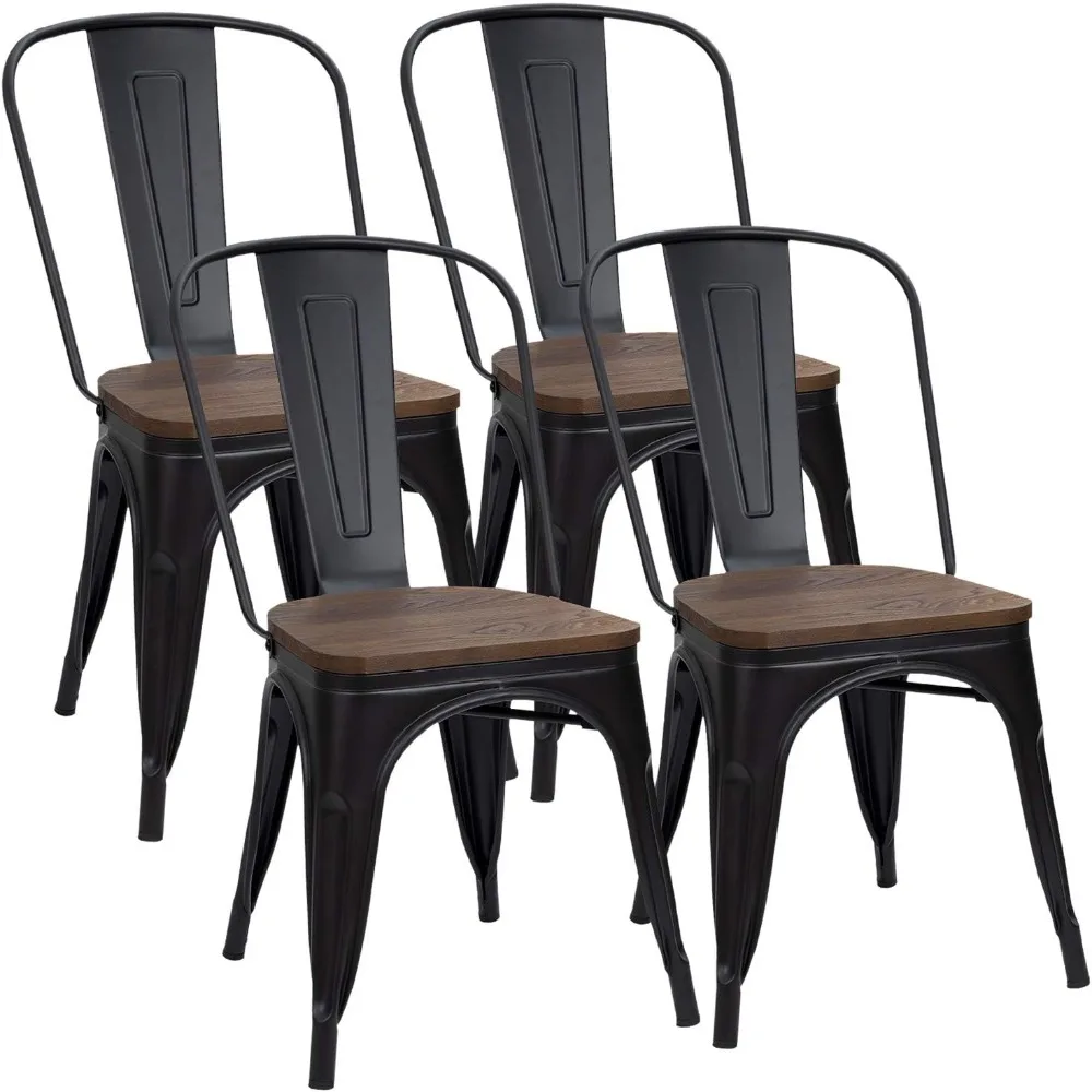 Metal Dining Chairs with Wood Seat, Indoor-Outdoor Use Stackable Chic Dining Bistro Cafe Side Metal Chairs Set of 4(Black)