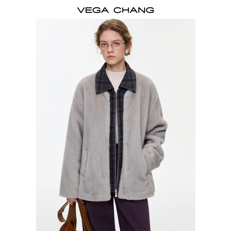 

Vega Chang New Winter Wool Blend Plush Mink Fur Women's Warm Short Outwear