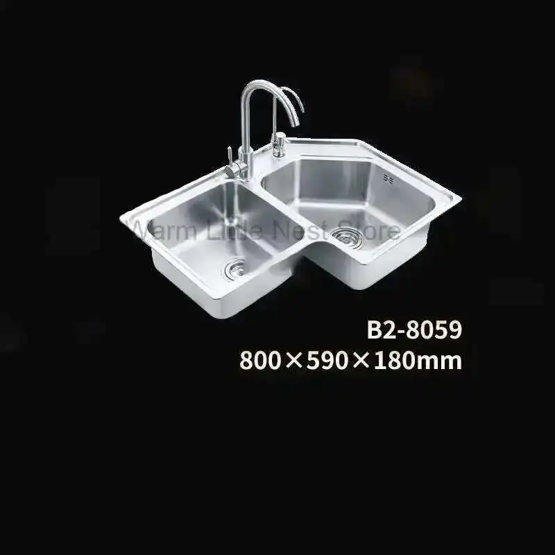 

Creative Corner Kitchen Sinks Home Kitchen Accessories Stainless Steel Double Slot Wash Basin Modern Balcony Shaped Brushed Sink