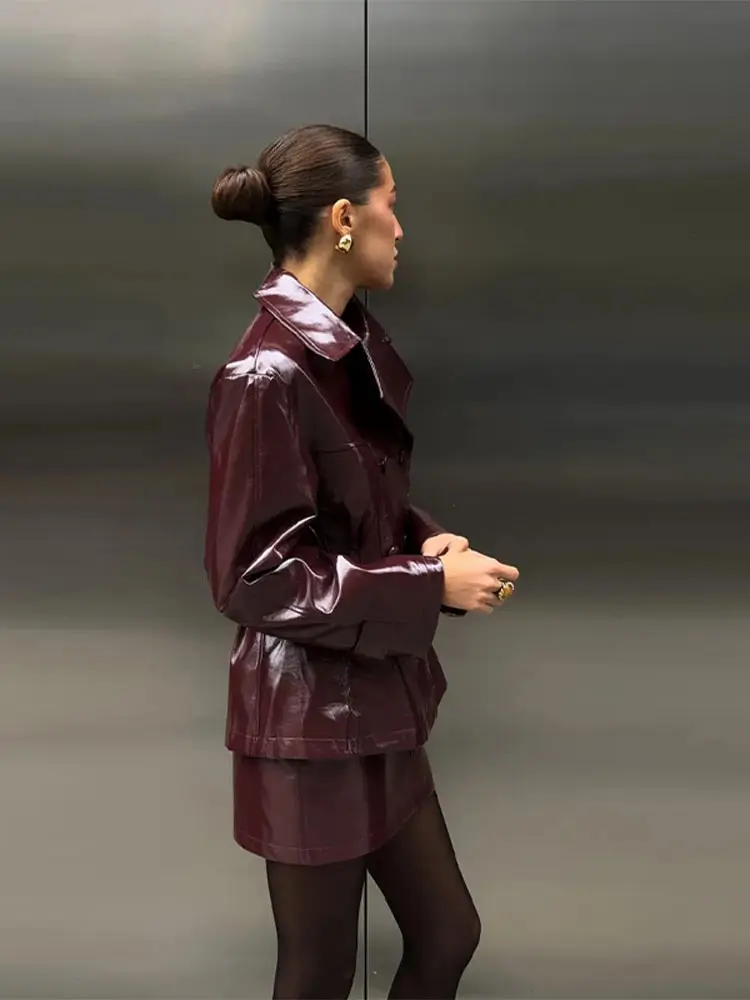 Moda feminina conjunto de saia de couro do plutônio lapela manga longa jaqueta trespassado e saia curta pacote quadril feminino roupa de rua