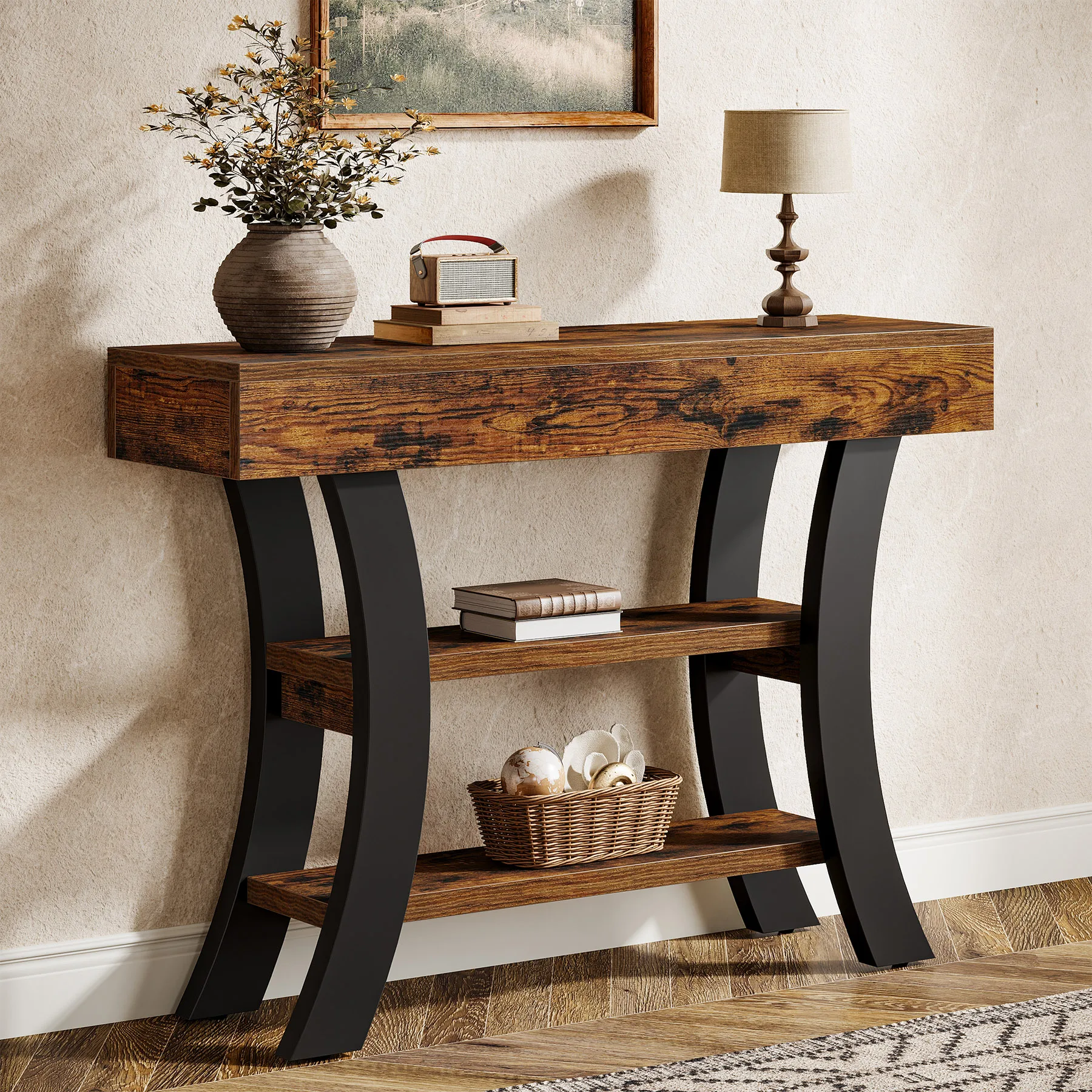 

# 41" Small Console Table For Entryway, 3-Tier Rustic Sofa Table With Storage Shelves And Curved Frame Living Room Furniture