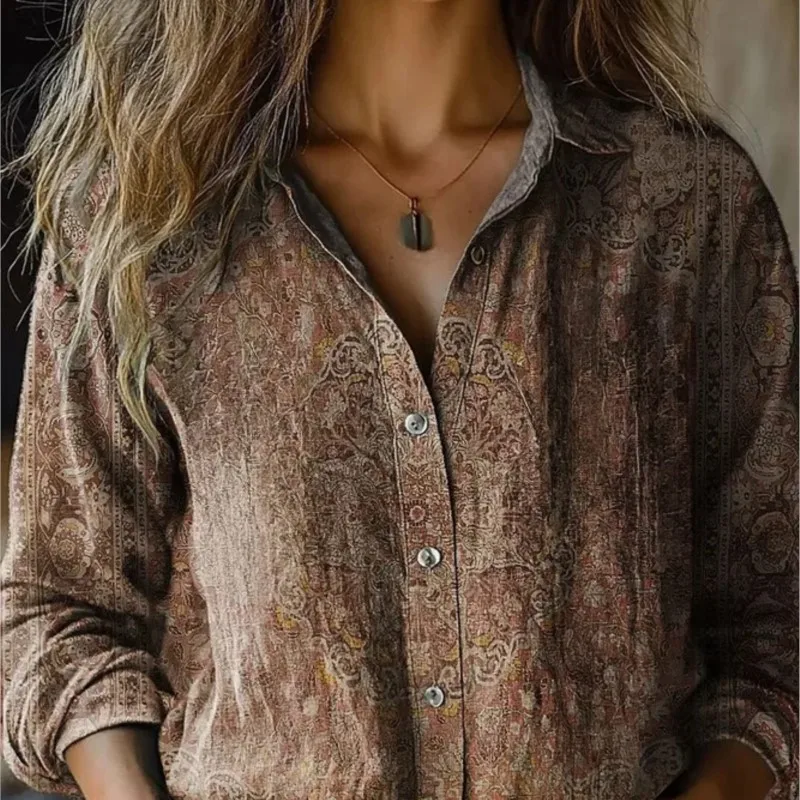 

Retro Women's Cotton Linen Digital Print Spring Autumn Loose Casual Street Style Tops Long-sleeved Lapel Single-breasted Clothes