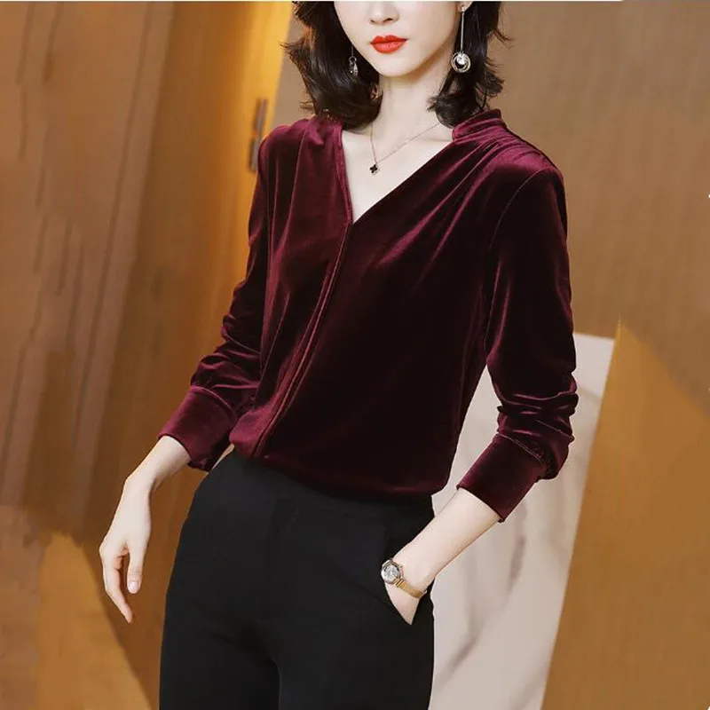 2024 Autunm Women velour Blouses Long Sleeve stand Collar velvet Blouse Shirt Casual Tops Elegant Work Shirt black blue wine red