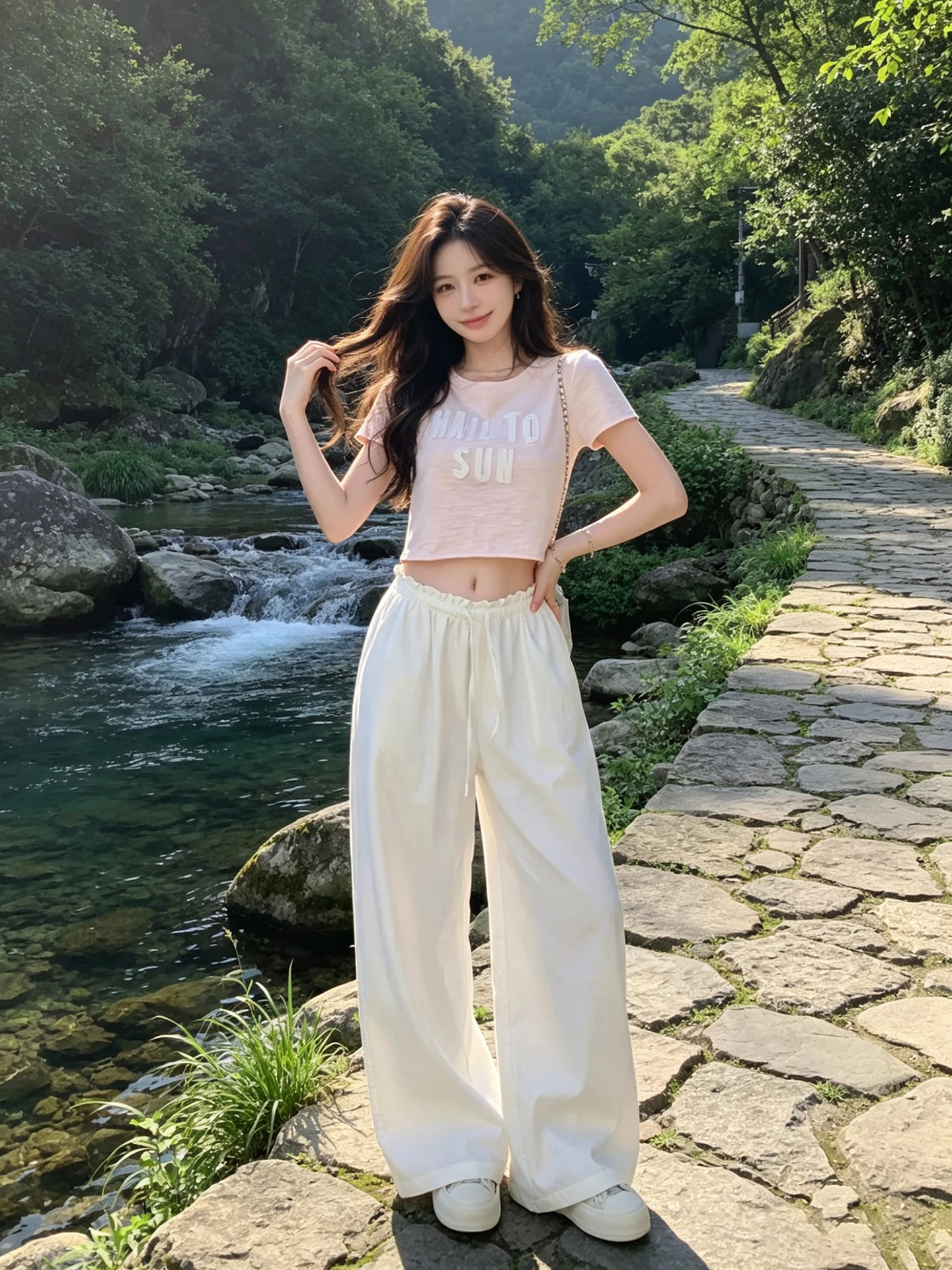 Loose Fit Casual Straight Leg Pants Women's Small Size Simple Match Flower Bud Elastic Waist Wide Leg Pants Draped Style