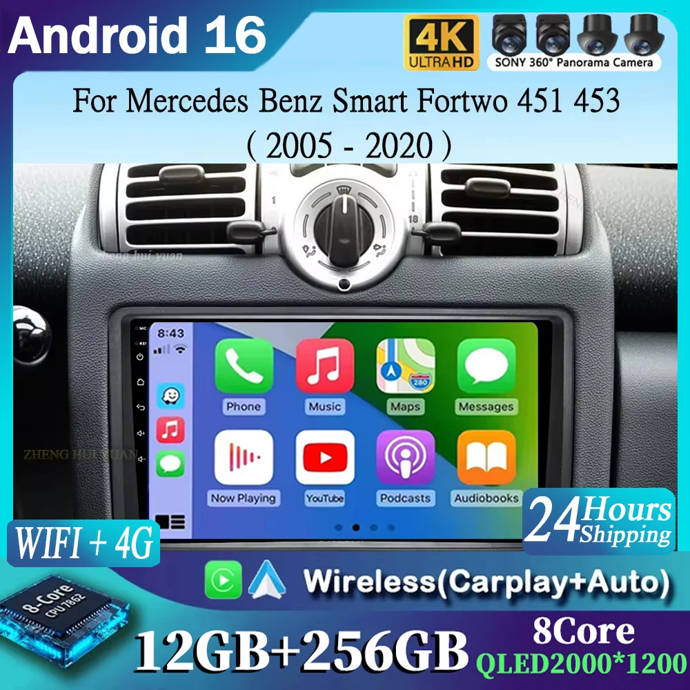 For Mercedes Benz Smart Fortwo 451 453 2005 - 2020 2K 12+256 QLED Android 16 CarPlay Car Radio Multimedia Video Player GPS Stere