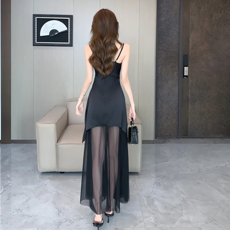 2024 New Korean Black Spaghetti Strap Midi Dresses for Women Elegant Party Fashion Sleeveless Patchwork Sexy Slim Female Clothes