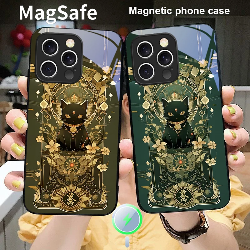 

Fantasy Lucky Cat Blue For iPhone 17 Pro Max 16 E 15 14 13 Plus 12 mini 11 17 Air XR Xs Max 7 8 Plus Magsafe Glass Phone Case