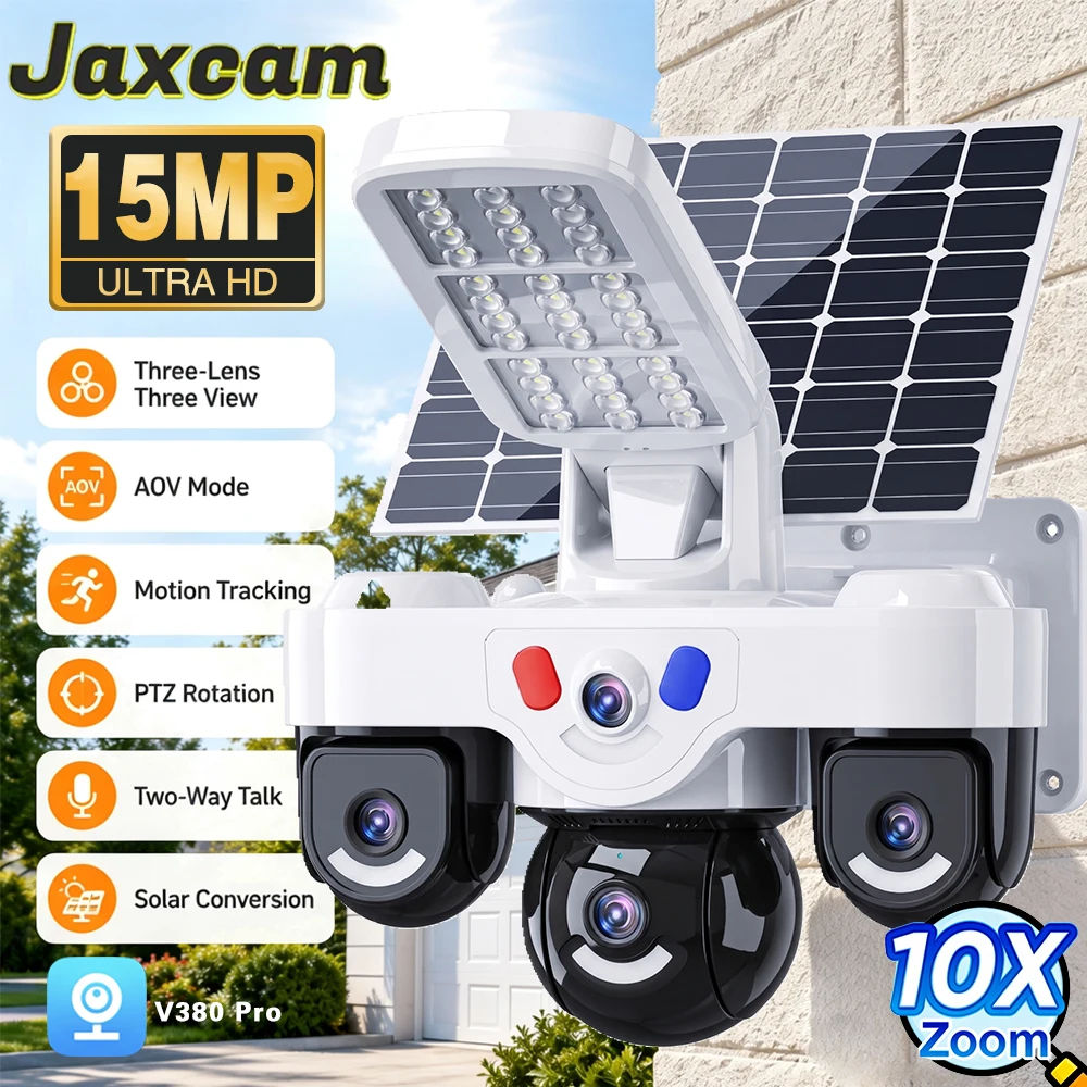 15MP Solar Security Camera Three‑Lens Three‑View AOV Mode PTZ 10X Zoom Motion Tracking LED Light Outdoor Surveillance CCTV Cam