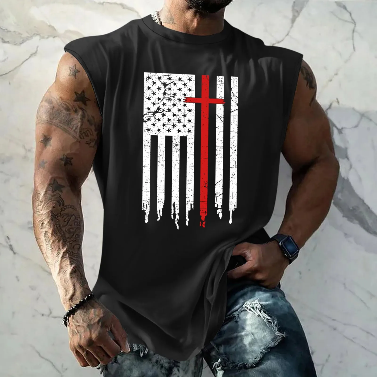 Men Independence Day Tank Top Flag Print Vest Male Fashion Summer Streetwear Sleeveless Sport Shirt V-neck Casual Clothes S-3xl