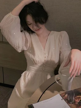 Elegant Fairy Sequinedชุดผู้หญิง 2023 ฤดูใบไม้ร่วงหวานพัฟแขนRetro Midiชุดหญิงชุดราตรีสบายๆสไตล์เกาหลีชุด