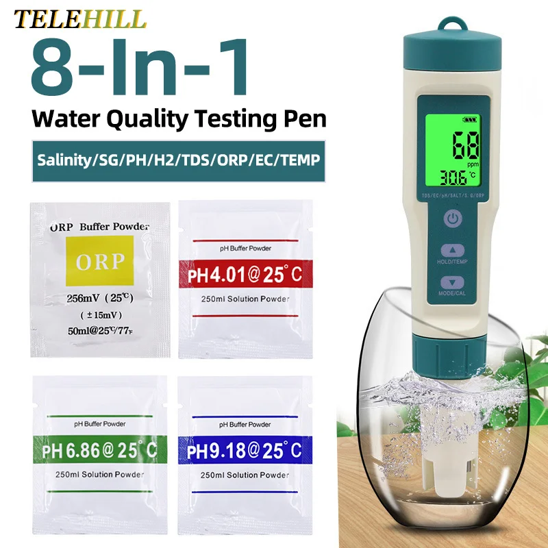 8 IN 1 Digital Water Quality Salinity Drinking Water Tester PH Test Pen TDS/EC/PH/ORP Temp Meter for Swimming Pool Aquarium