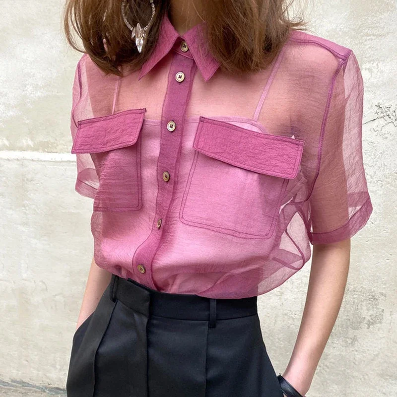 

Summer Sexy Lapel Blouse Women Single Breasted Loose Pocket Ladies Shirt Thin See-through Puff Sleeve Blusa Feminina