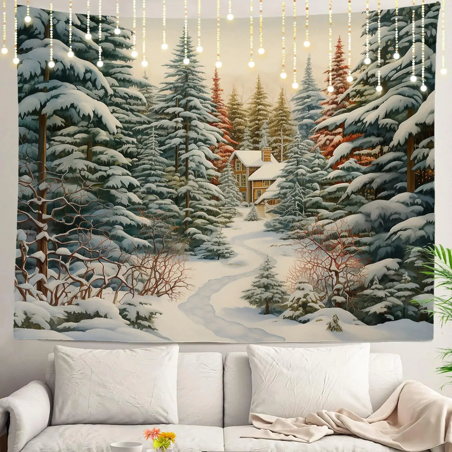Elegant Snowy Winter Forest Tapestry Wall Hanging Cabin Landscape Mural Decor Art for Bedroom Living Room Home Decoration