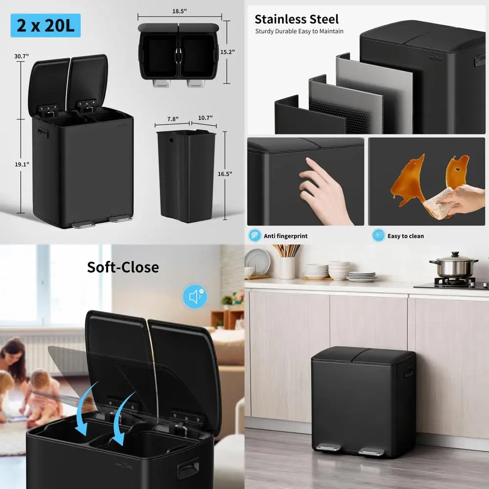 

Двухсекционная мусорная корзина на 10,6 галлонов с плотными крышками, контейнер для раздельного сбора мусора для кухни и офиса (черный)