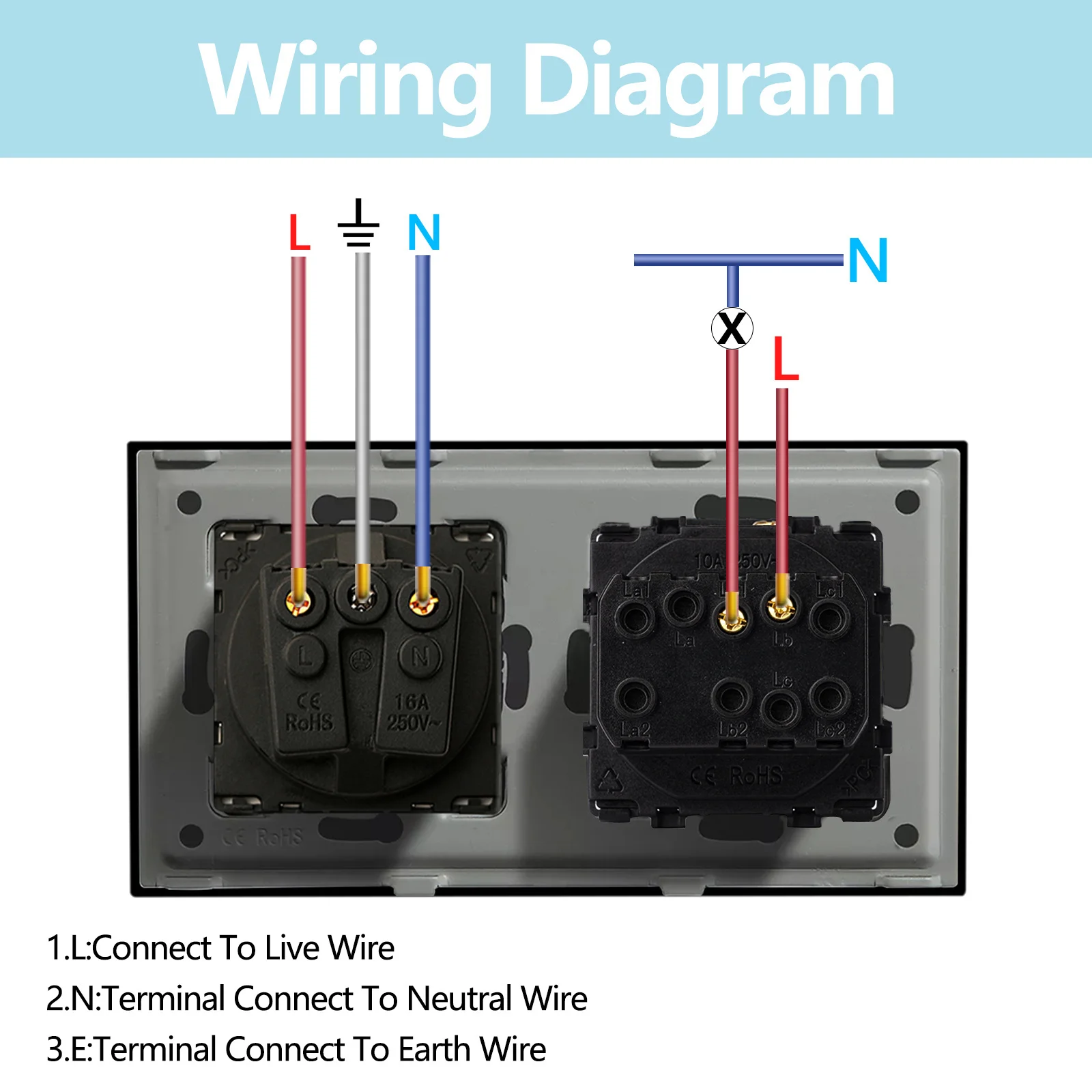 Light Switch With Socket Single 1-Way,Glass Plate Wall Switch With 16 A EU Socket,Physical Button Switch With Socket 157mm 228mm