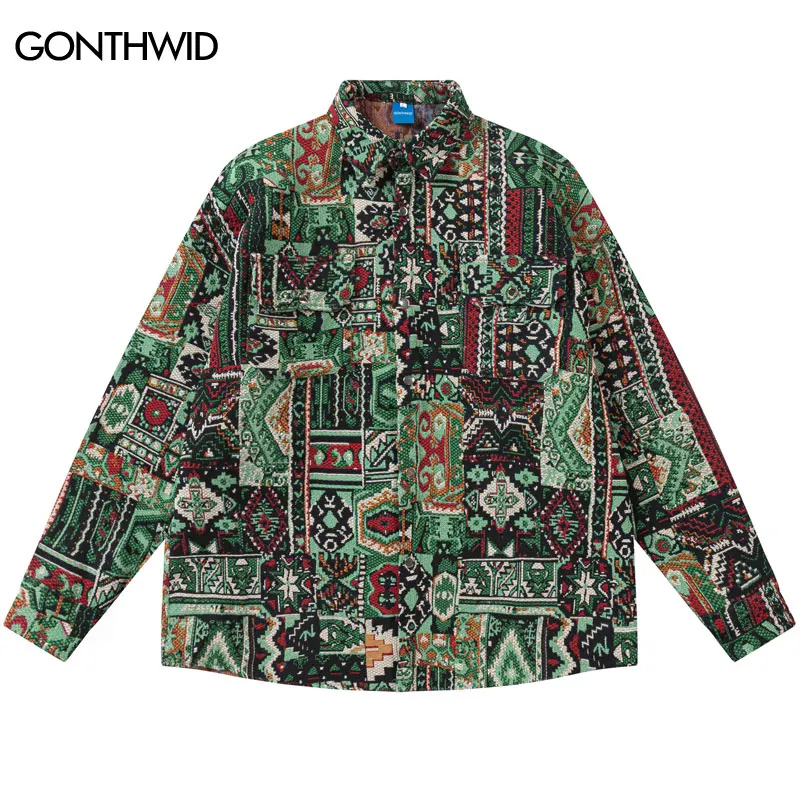 Thick Shirt Coat Y2K Hip Hop Knitted Retro Geometric Patterns Long Sleeve Button Shirts 2023 Vintage Harajuku Fashion Loose Tops