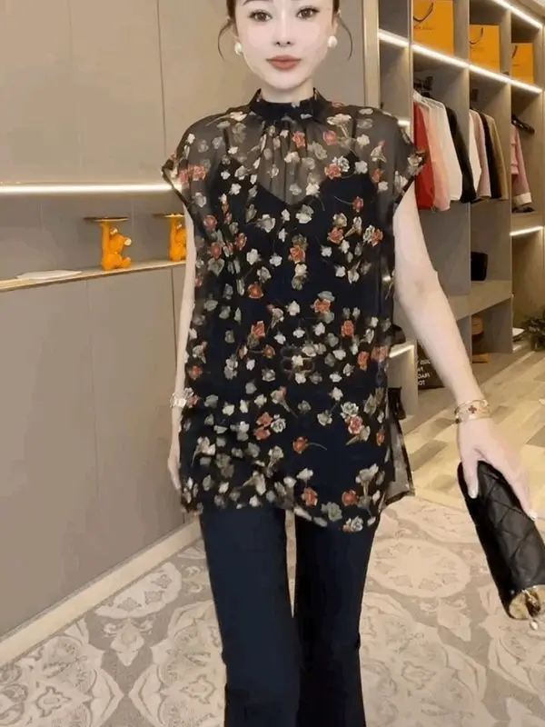 Fashion Internet Celebrity Hot Mid Length Shirt Summer New Item Retro Floral Slim Stand Up Collar Short Sleeve Chiffon Shirt