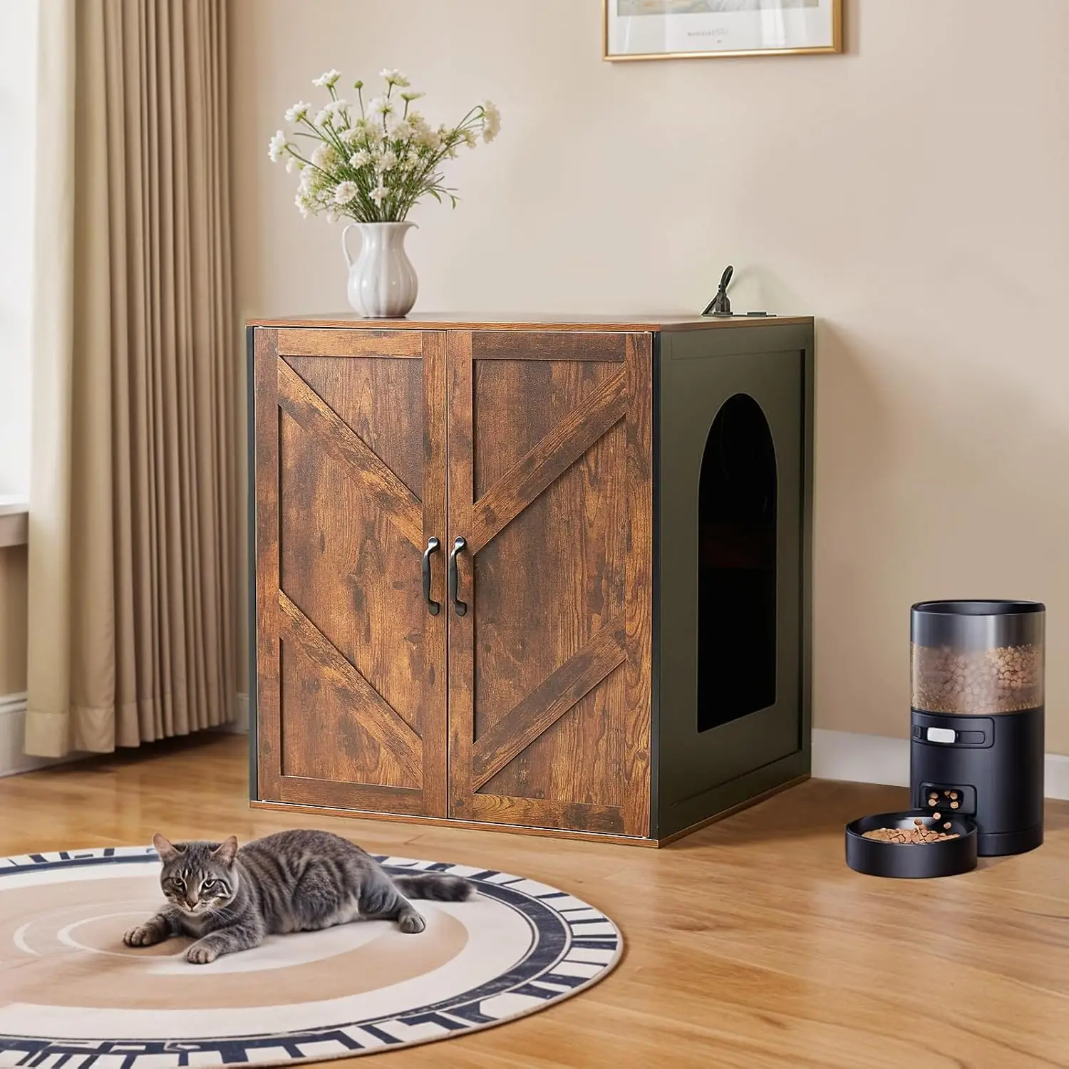 Tall Cat Litter Box Enclosure, Rustic Brown