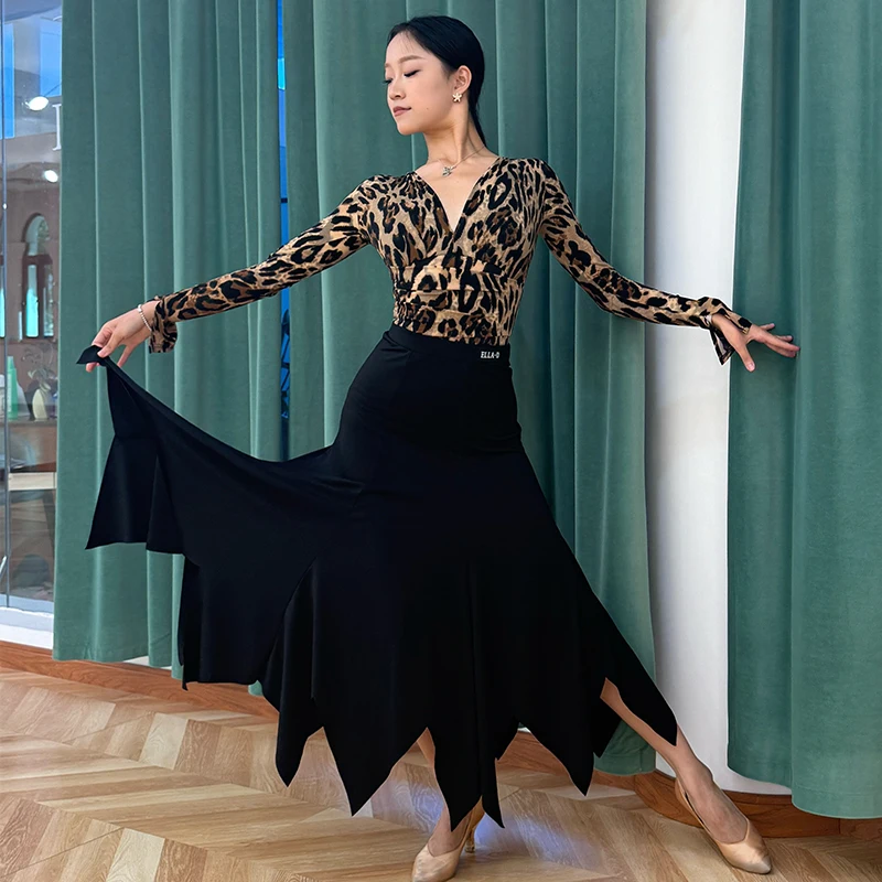 Ladies Ballroom Dance Clothes Leopard Tops Black Skirt Practice Clothing Women Waltz Modern Dance Performance Dresses BL17011