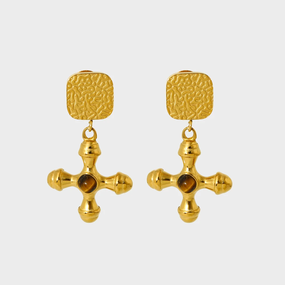 

INS New Trend Stainless Steel Tiger Eyes Stone Cross Drop Earrings for Women Texture Dangle Earrings Jewelry Gift