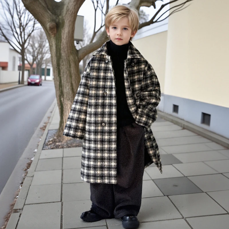 

Твидовое пальто для мальчиков, зимнее плотное школьное длинное клетчатое пальто для подростков, шерстяная куртка в британском стиле с теплой подкладкой, детская верхняя одежда 13 лет