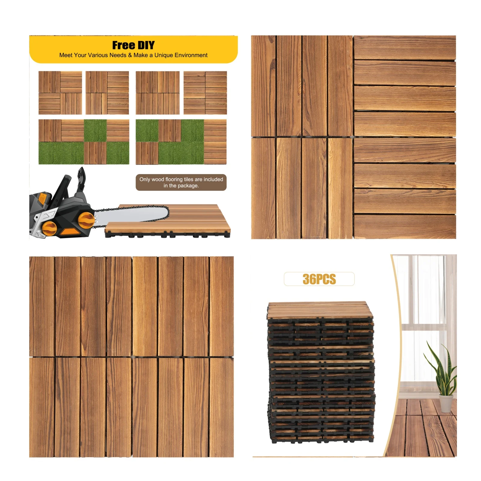 

36 шт. водонепроницаемая напольная плитка для использования в помещении и на открытом воздухе, 12 x 12 дюймов, переплетенная деревянная палубная плитка, всепогодное использование для балкона, заднего двора