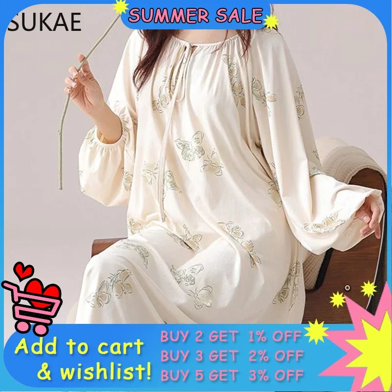 

Роскошная длинная ночная рубашка SUKAE, элегантные женские ночные рубашки, Весенняя винтажная Дамская шикарная рубашка в дворцовом стиле, осенняя ночная рубашка из искусственного хлопка