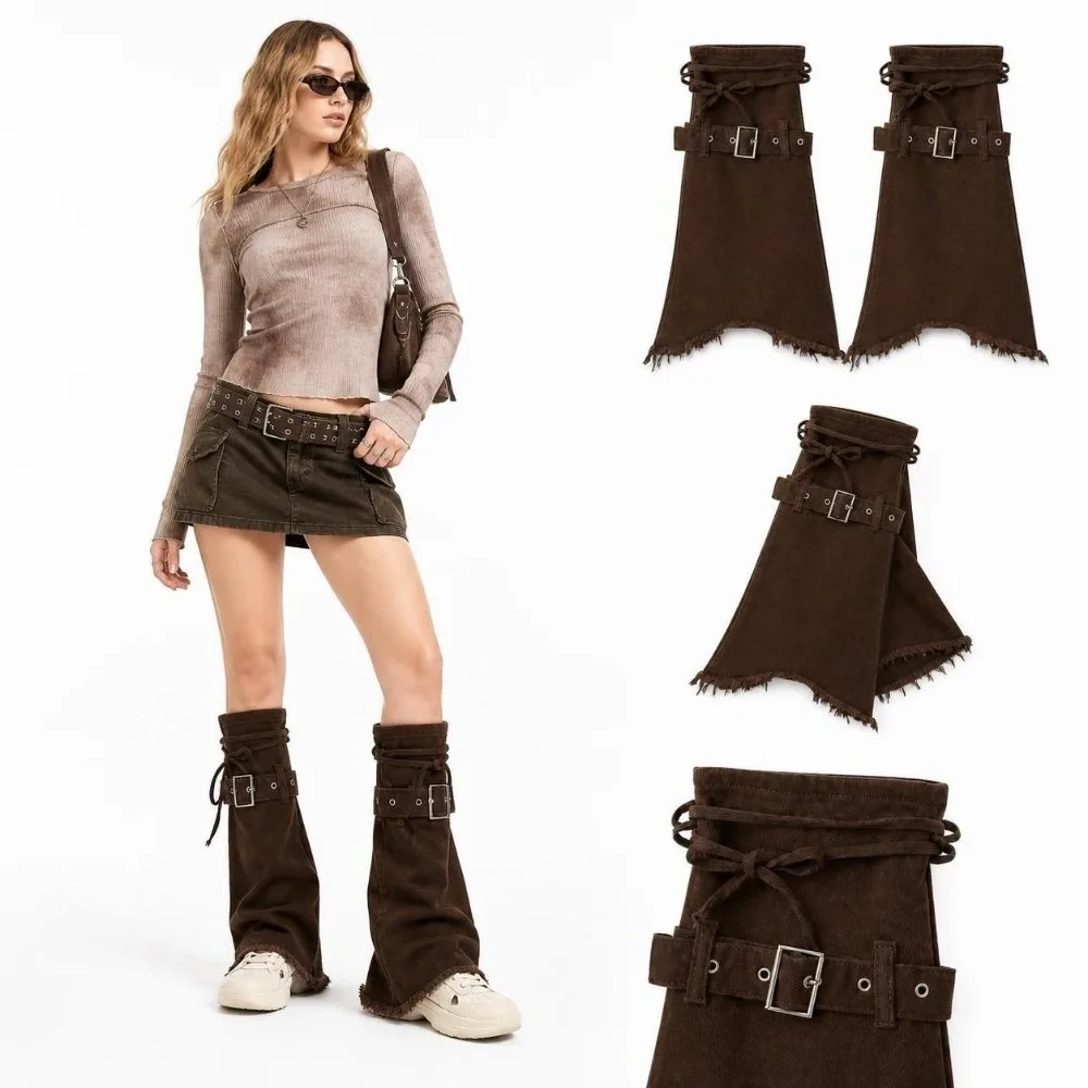 Grunge Washed Denim Denim Leg Warmers Adjustable Buckle Strap Closure Flared Leg Warmers Frayed Boot Covers Streetwear Style